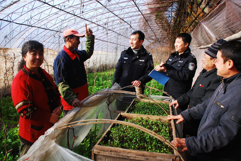 丁仁祥（左三）到農(nóng)戶大棚里送安全